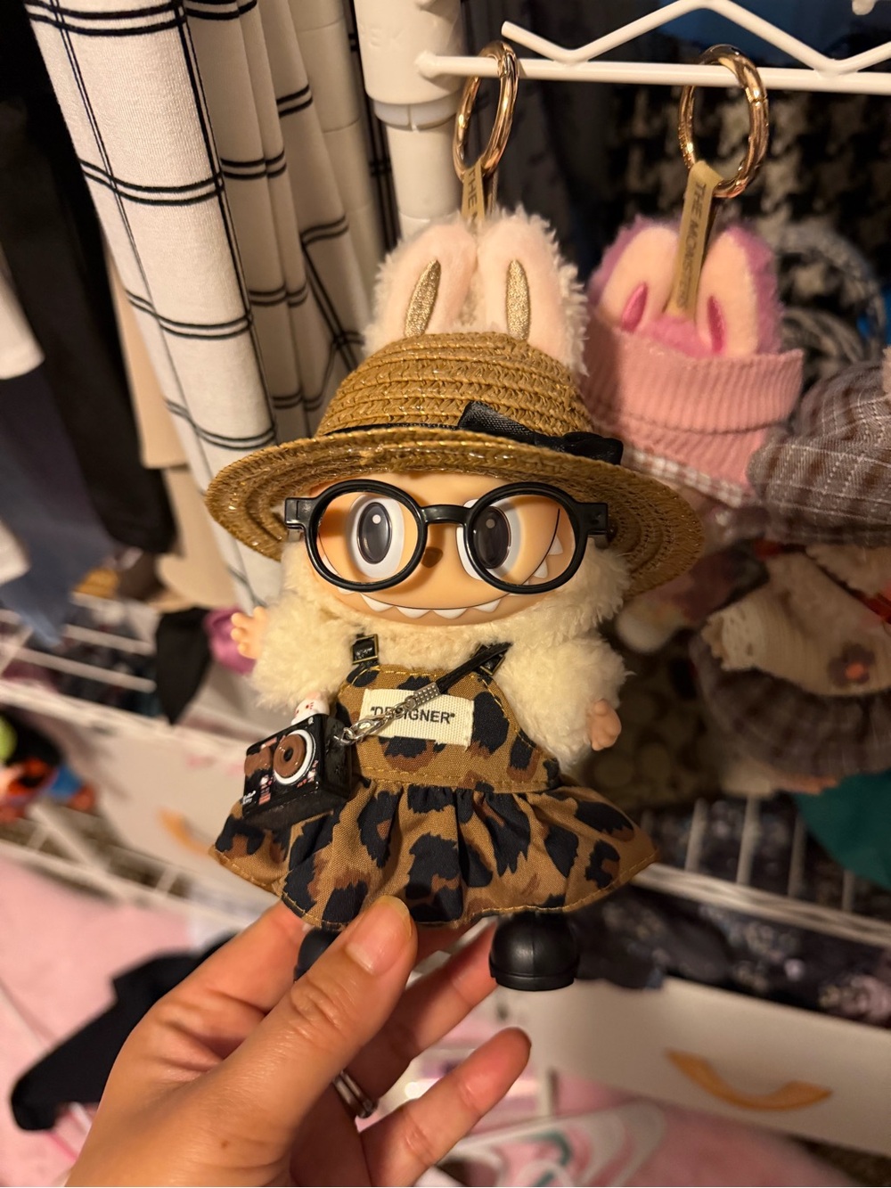 popmart labubu Plush Bunny Doll in Tan Straw Hat and Leopard Dress